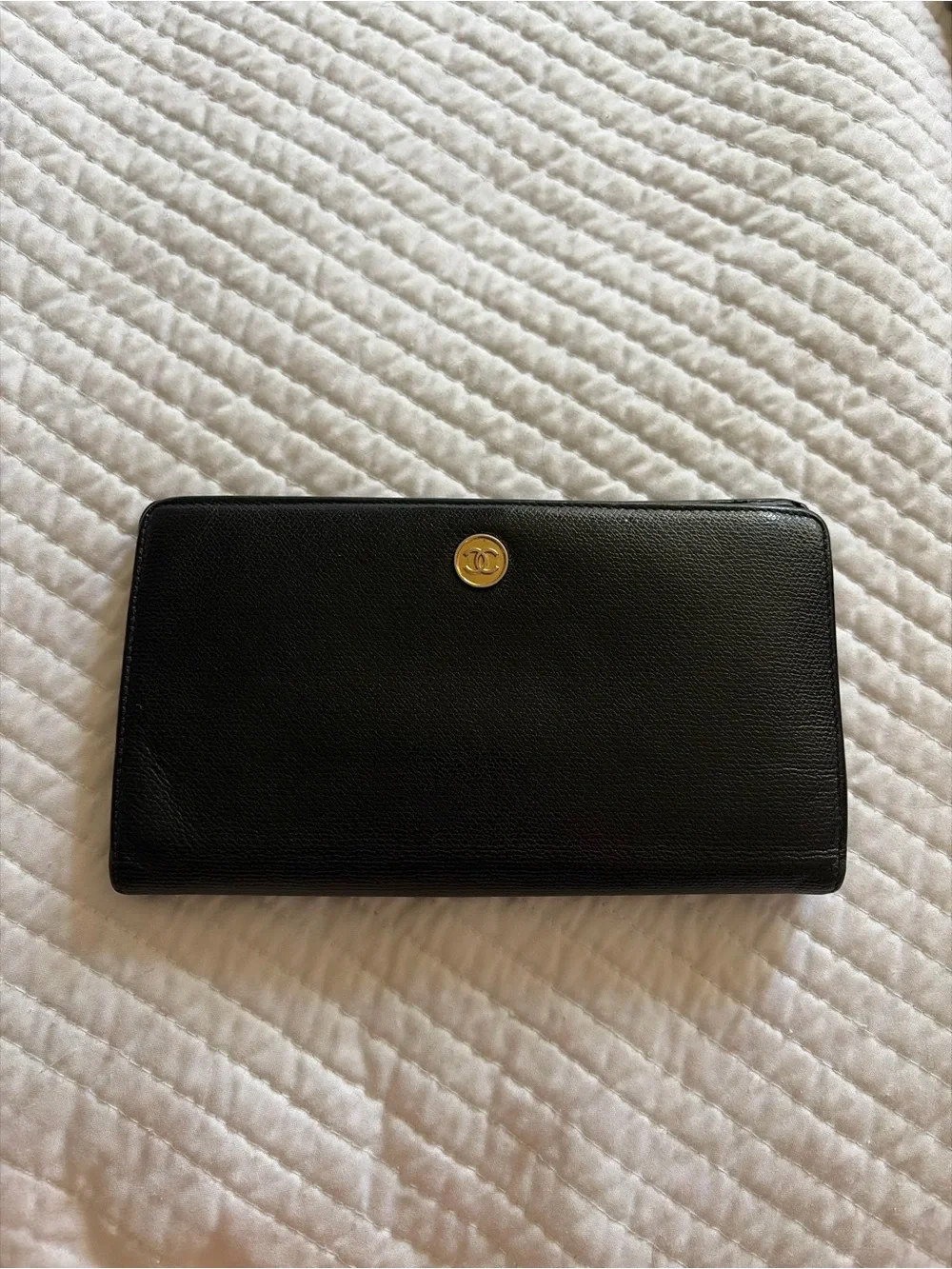 CHANEL Black Leather Continental Card Holder with Gold CC Button